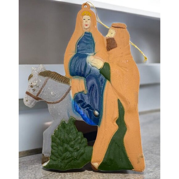 Vintage Nativity Scene Christmas Ornament  Mary & Joseph On Donkey Hand-Painted - Picture 1 of 7